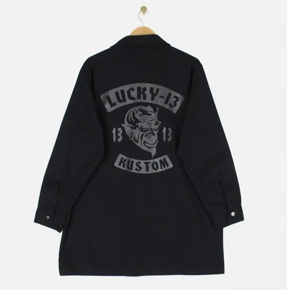 Vintage Lucky 13 Shirt Jacket Black Graphics Print Back USA Made Devil Kustom